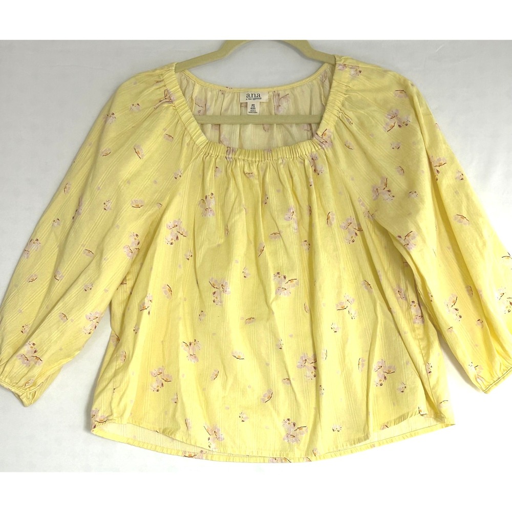 a.n.a Yellow Floral Square Neck Blouse 3/4 Balloon Sleeve Petite Small PS